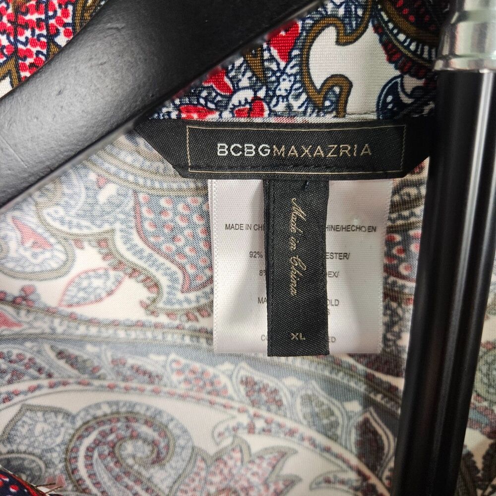 BCBGMAXAZRIA XL Paisley Blouse Tie Neck Top Stretch Long Sleeve Boho Career - Picture 2 of 7